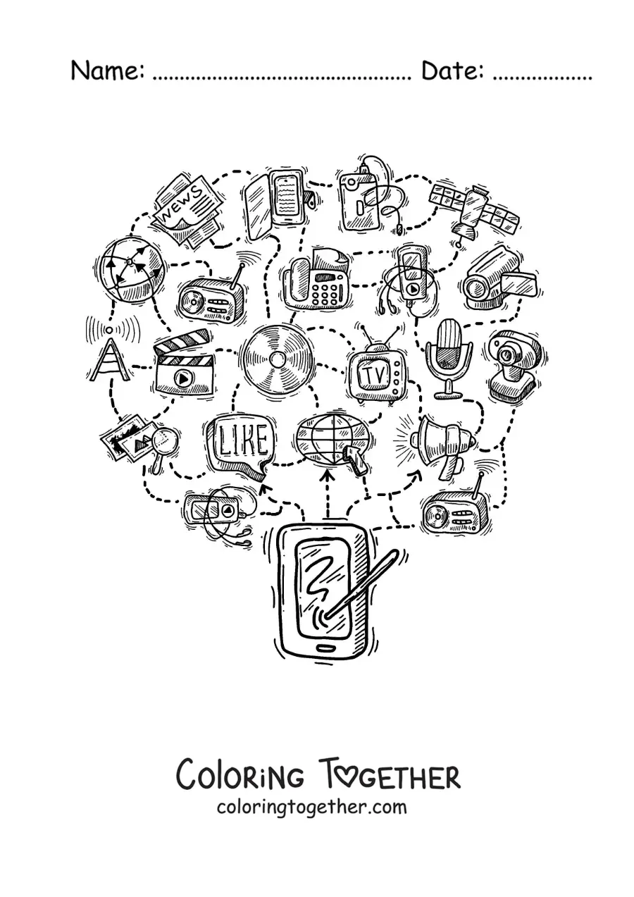Coloring page of a smartphone connected to social media