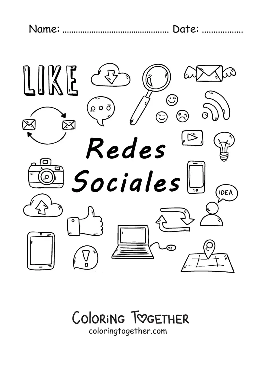 Coloring page of social media symbols as a mass communication medium
