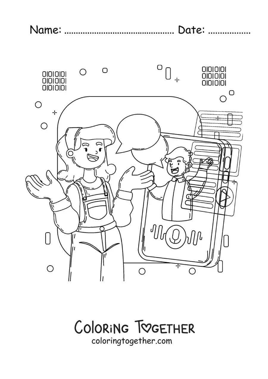 Coloring page of a girl and a boy talking by video call on the phone