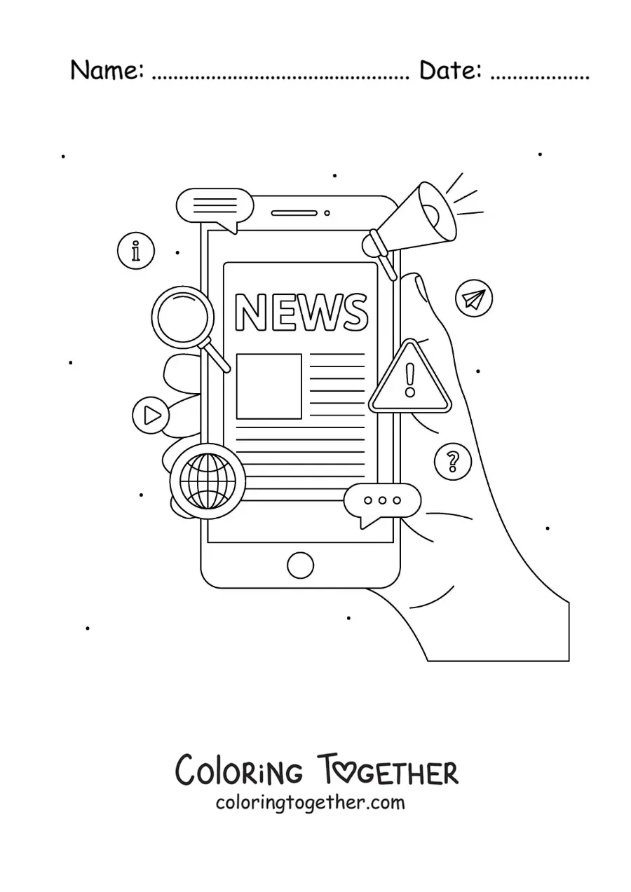 Coloring page of a hand holding a phone that shows news on its screen