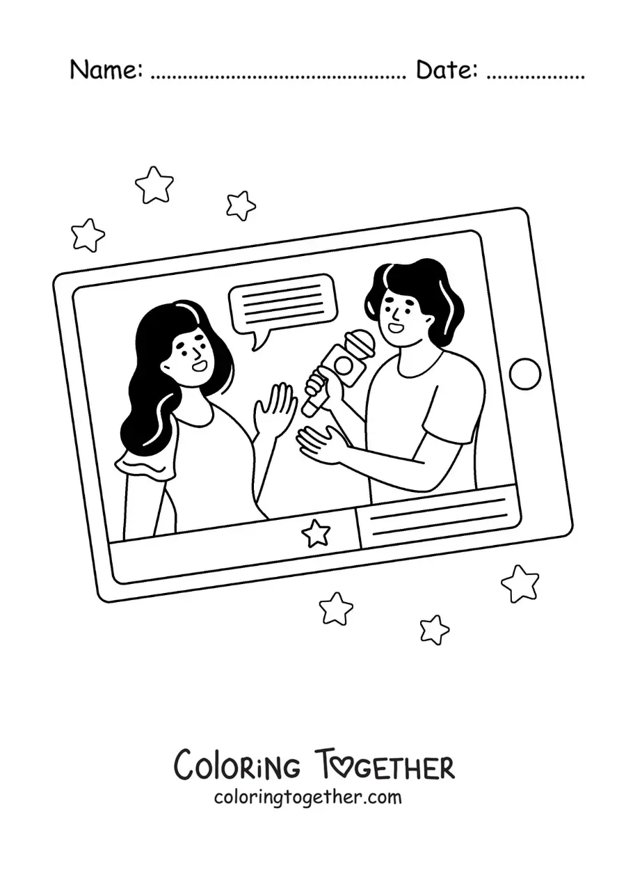 Coloring page of a press interview on a tablet screen