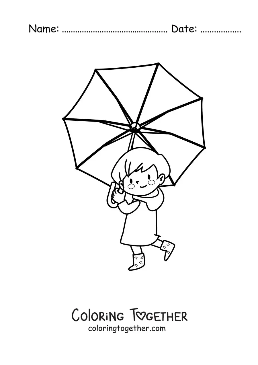 Coloring page of a kawaii girl smiling with a parasol