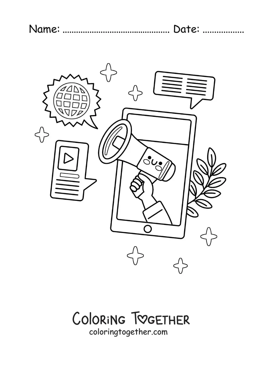 Coloring page of an animated phone announcing the latest news on its screen