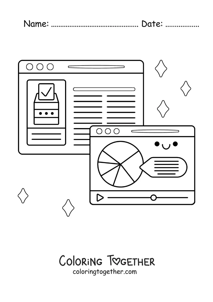 Coloring page of news videos and articles on social media
