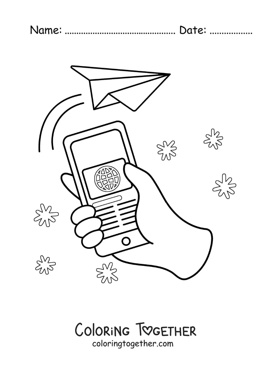 Coloring page of a phone sending a message through social media