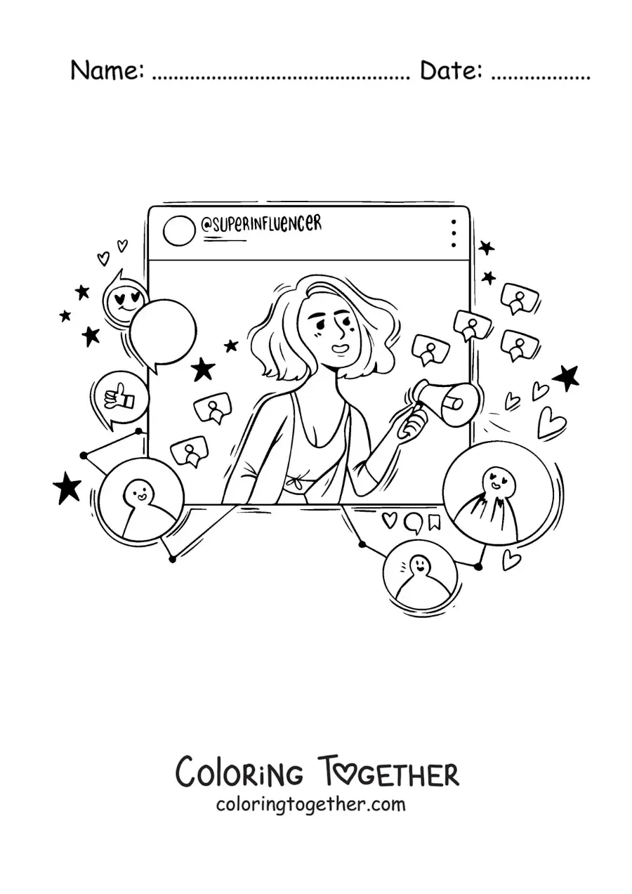 Coloring page of an animated influencer on a social network