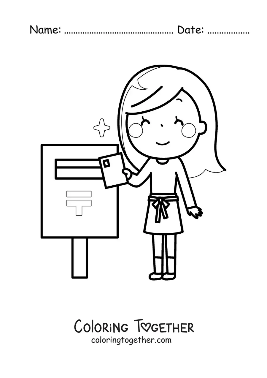 Coloring page of a girl sending a letter by mail