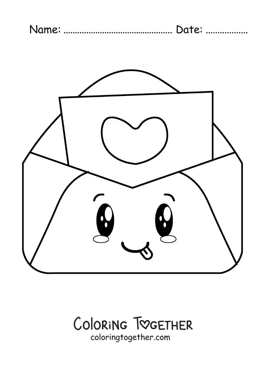 Coloring page of a kawaii love letter in its envelope