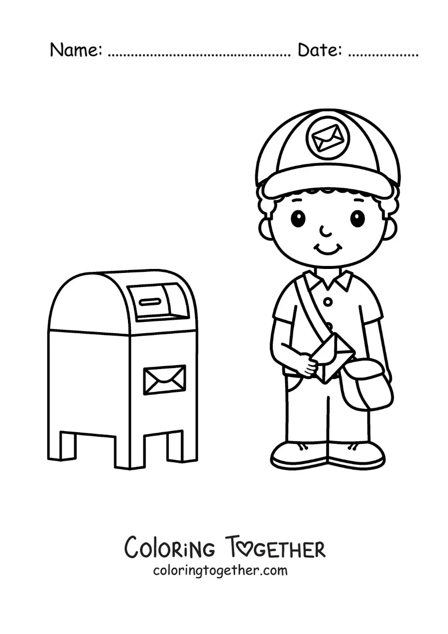 Coloring page of an animated mailman next to the mailbox