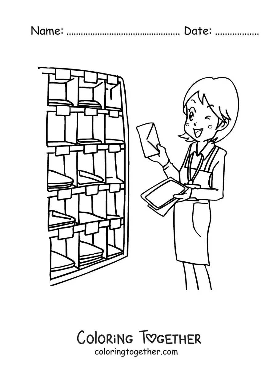 Coloring page of a mailwoman at the post office