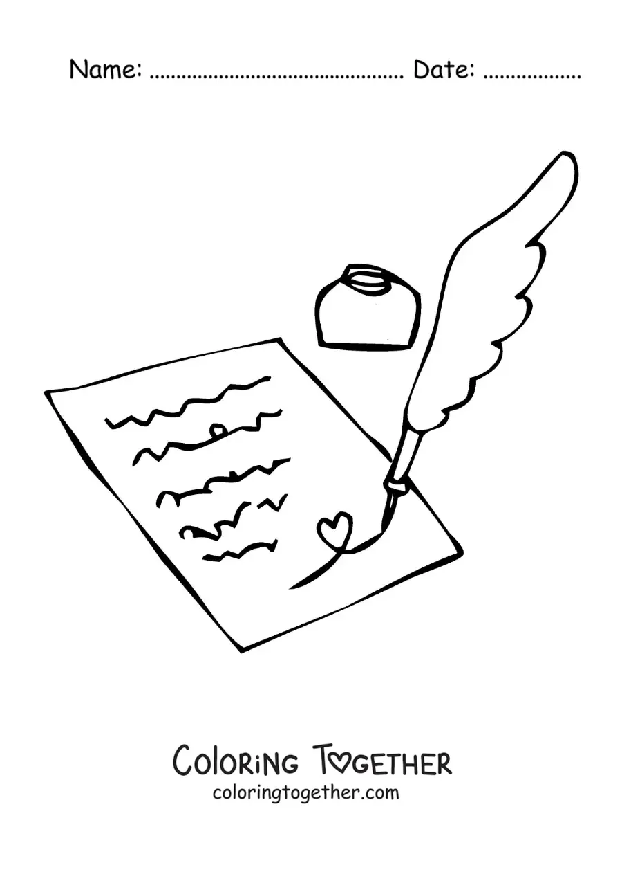 Coloring page of a quill writing a letter with ink