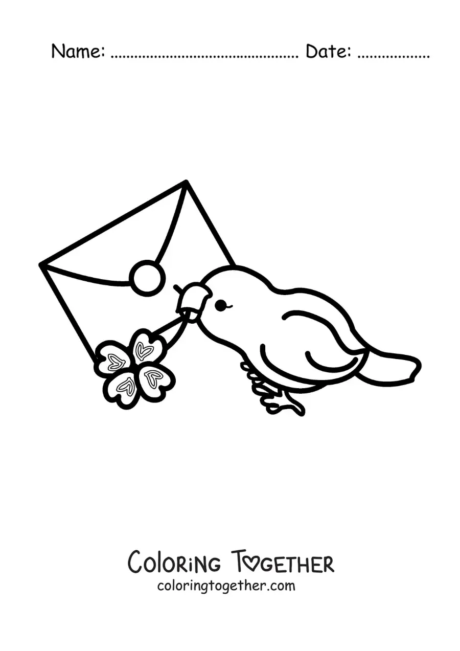 Coloring page of an animated bird delivering a letter