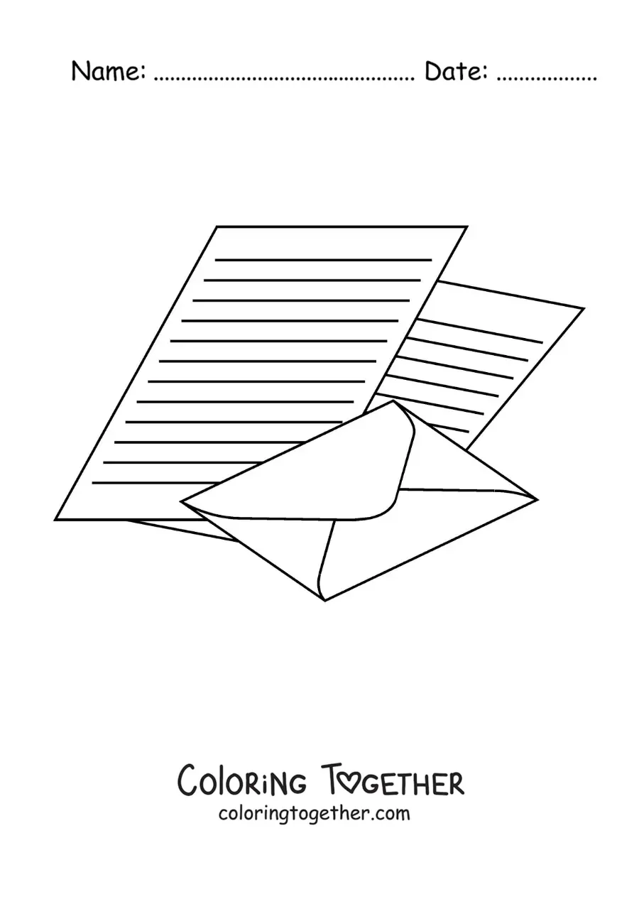 Coloring page of a printed letter with its envelope