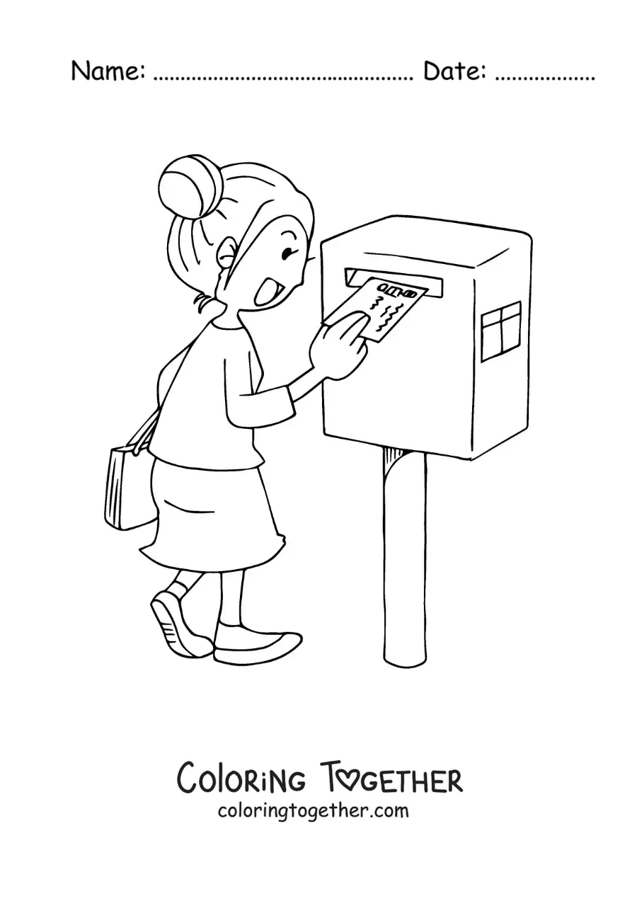Coloring page of a woman sending a letter by mail