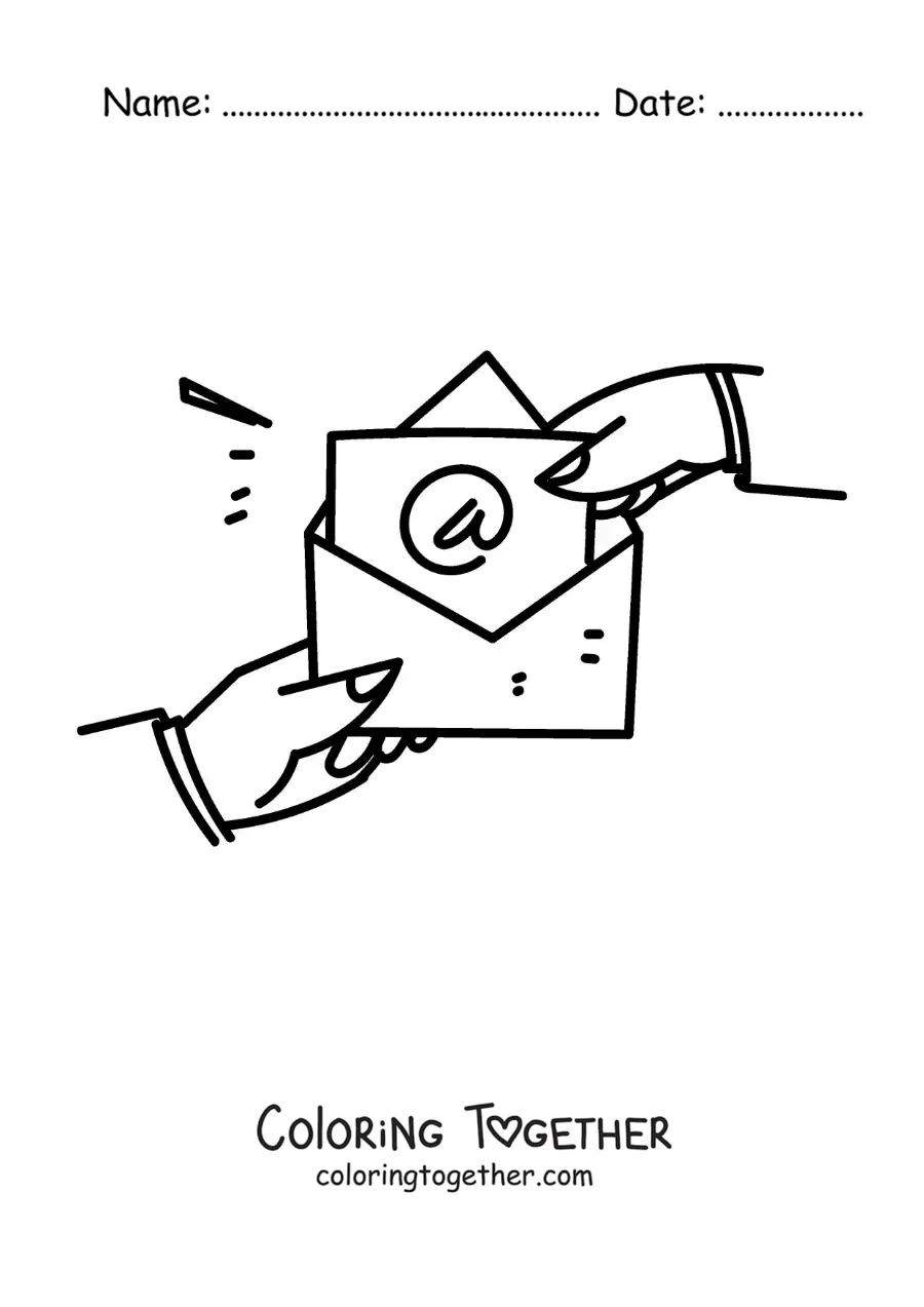 Coloring page of two hands opening a letter with the "@" sign