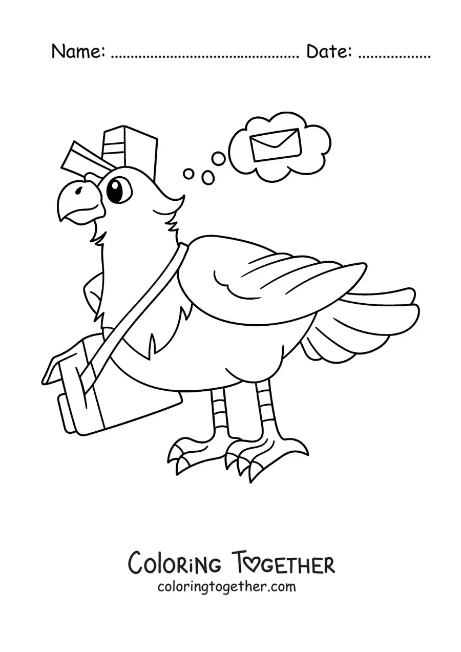 Coloring page of an animated carrier pigeon