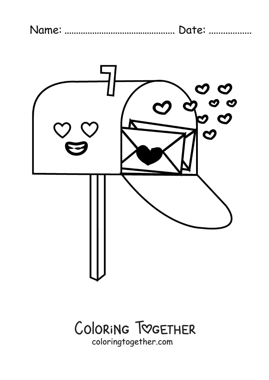 Coloring page of a mailbox with love letters