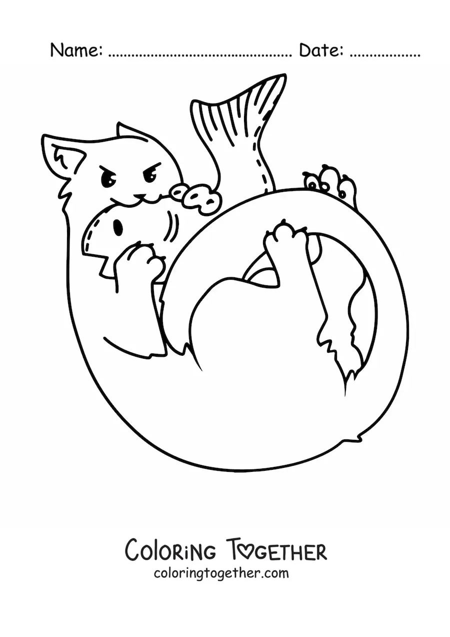 Coloring page of a cat eating a fish