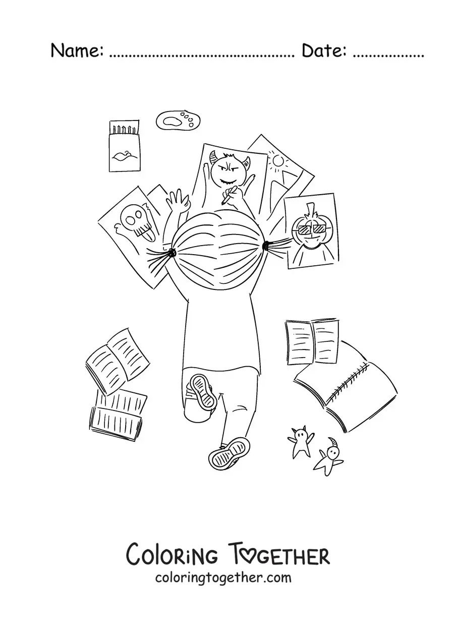 Coloring page of a little girl seen from above coloring on the floor