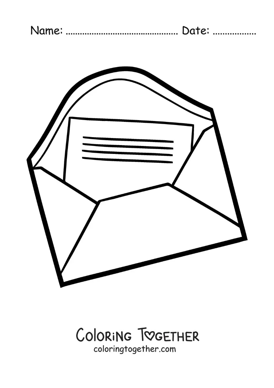 Coloring page of an open envelope with a letter