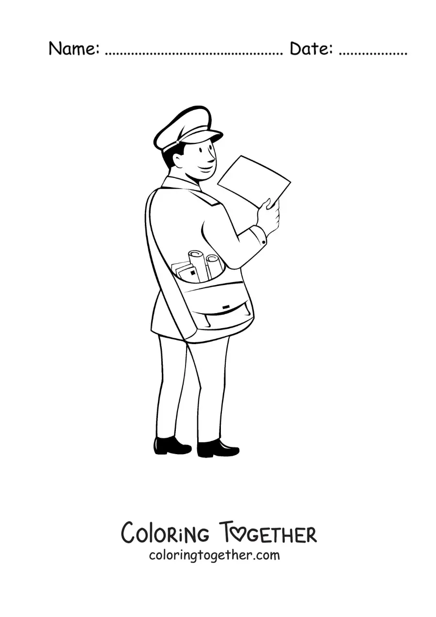Coloring page of an animated mailman