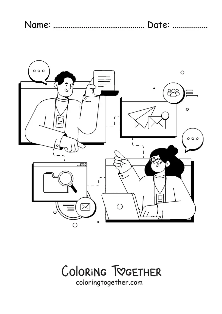 Coloring page of two people communicating by email