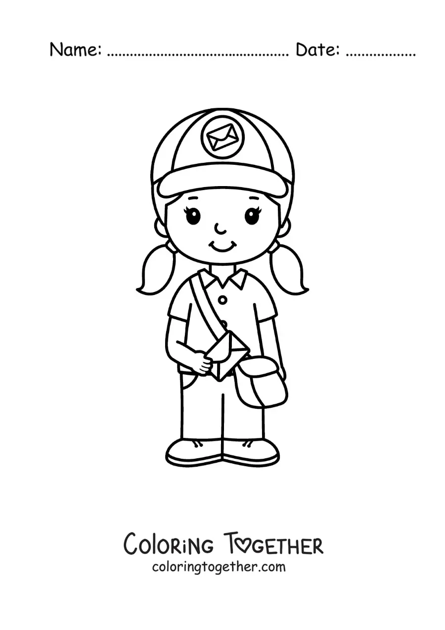 Coloring page of a girl working as a mail carrier