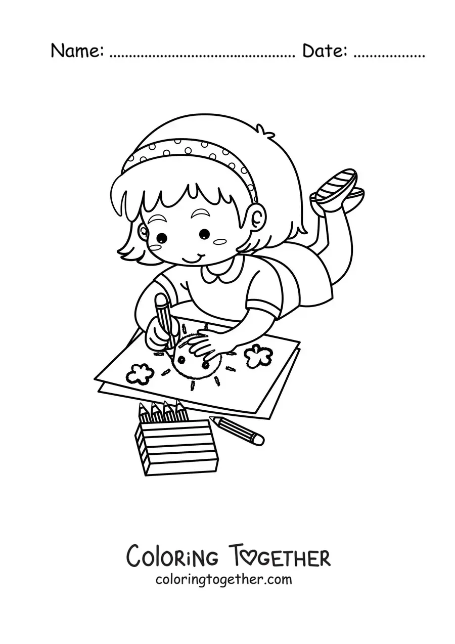 Coloring page of a girl coloring while lying on the floor
