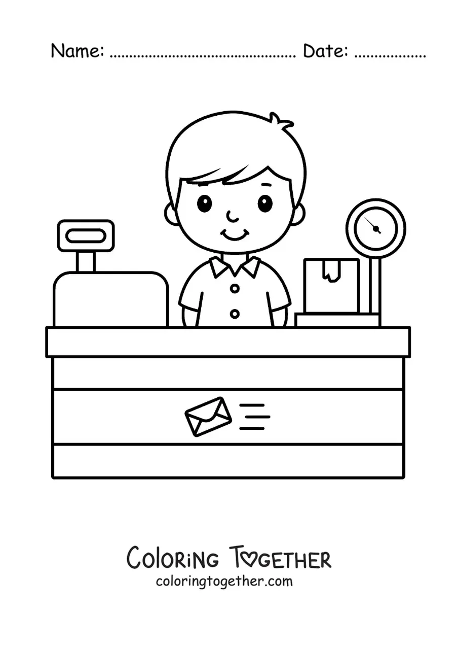 Coloring page of an animated boy at a post office
