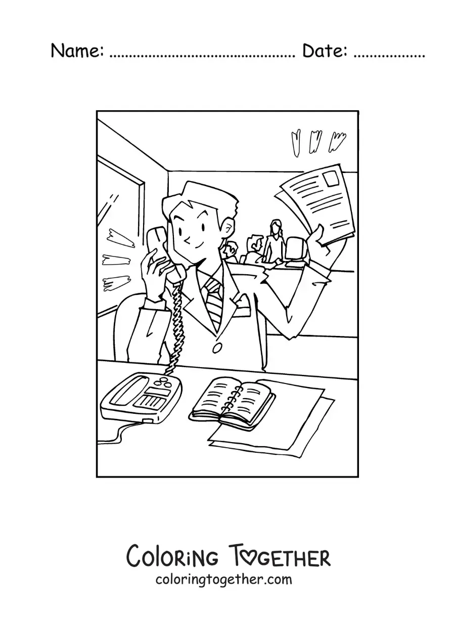 Coloring page of a man talking on a landline phone in his office