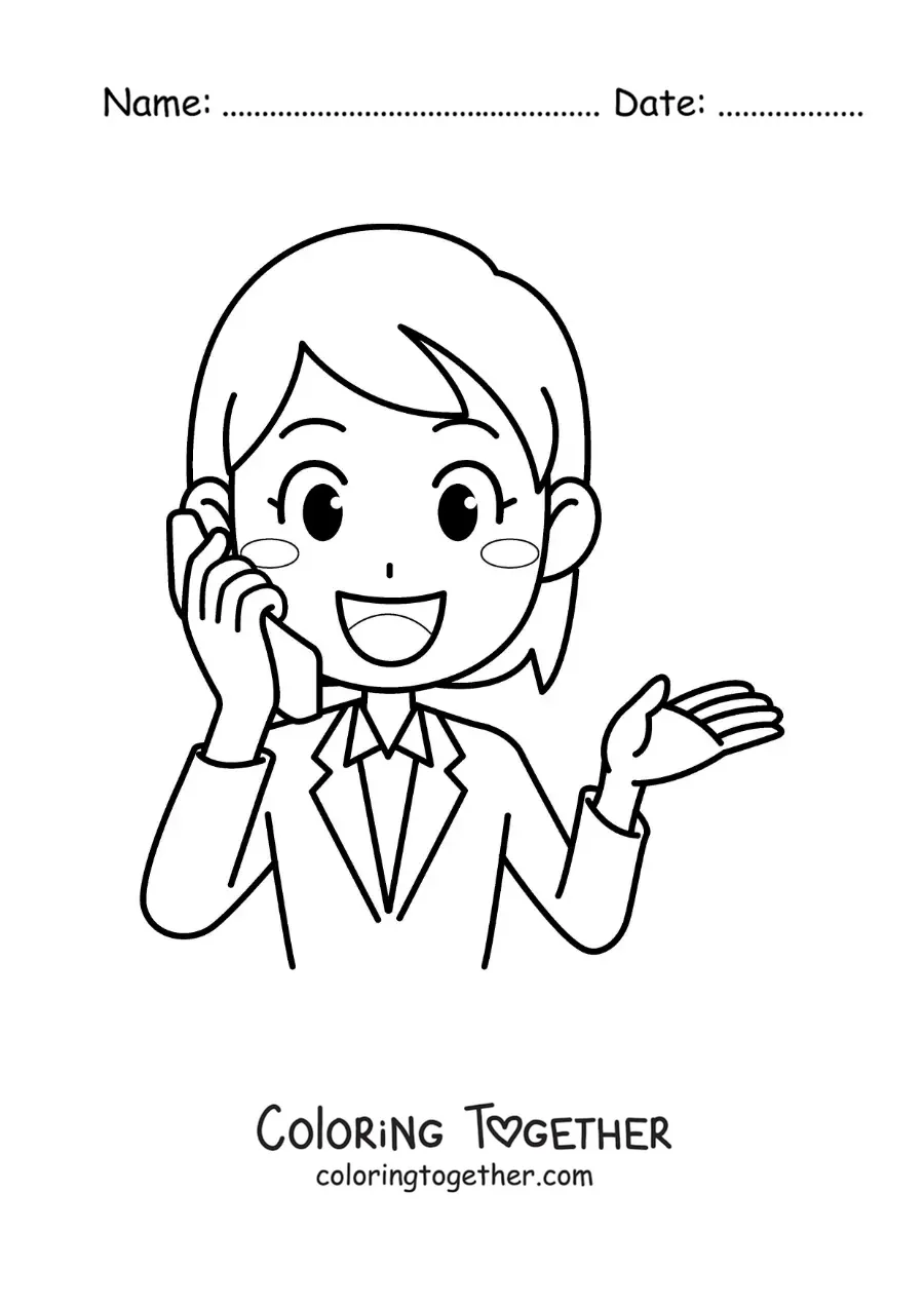 Coloring page of an animated woman talking on the phone
