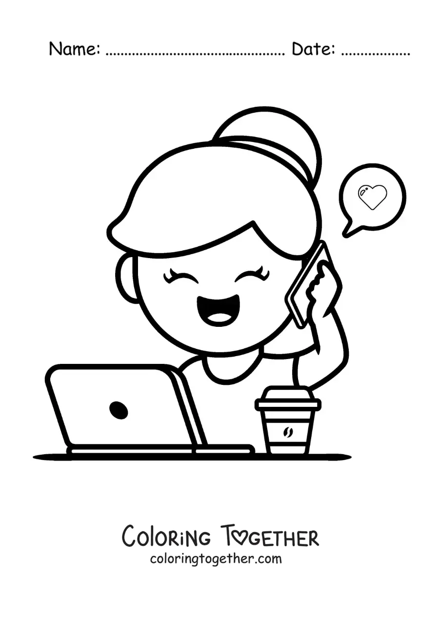 Coloring page of a girl talking on the phone while working from home