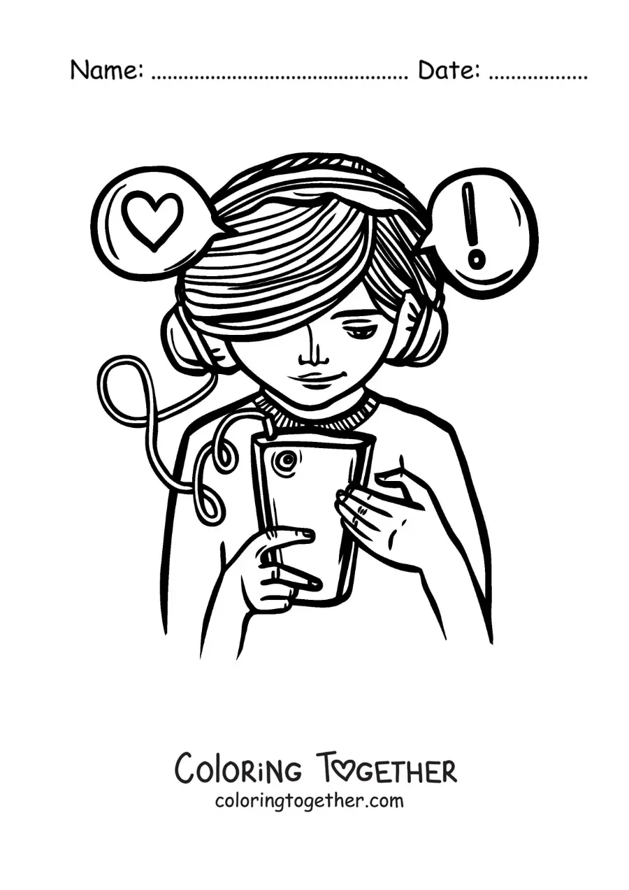 Coloring page of a girl sending messages from her phone