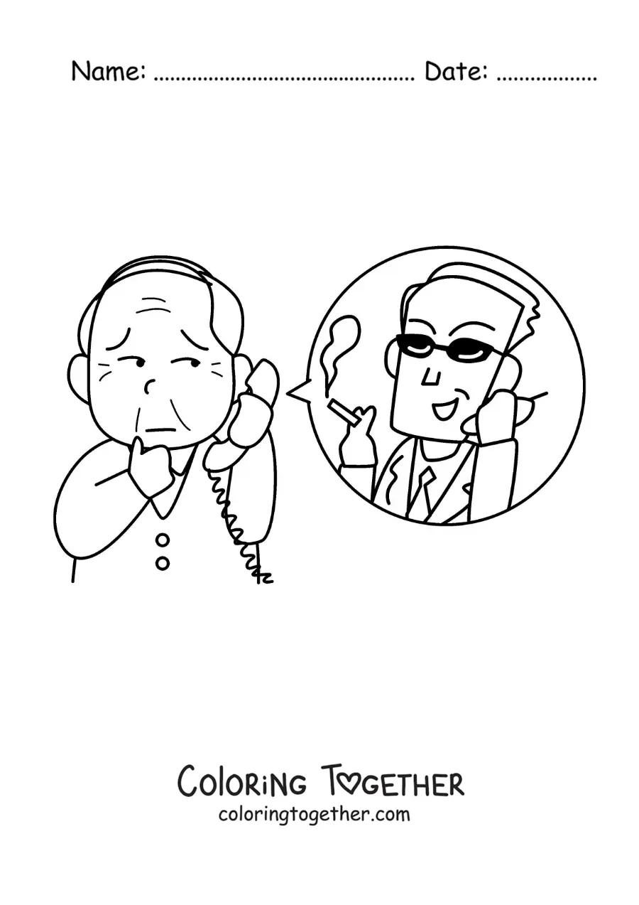 Coloring page of a worried grandfather on a phone call