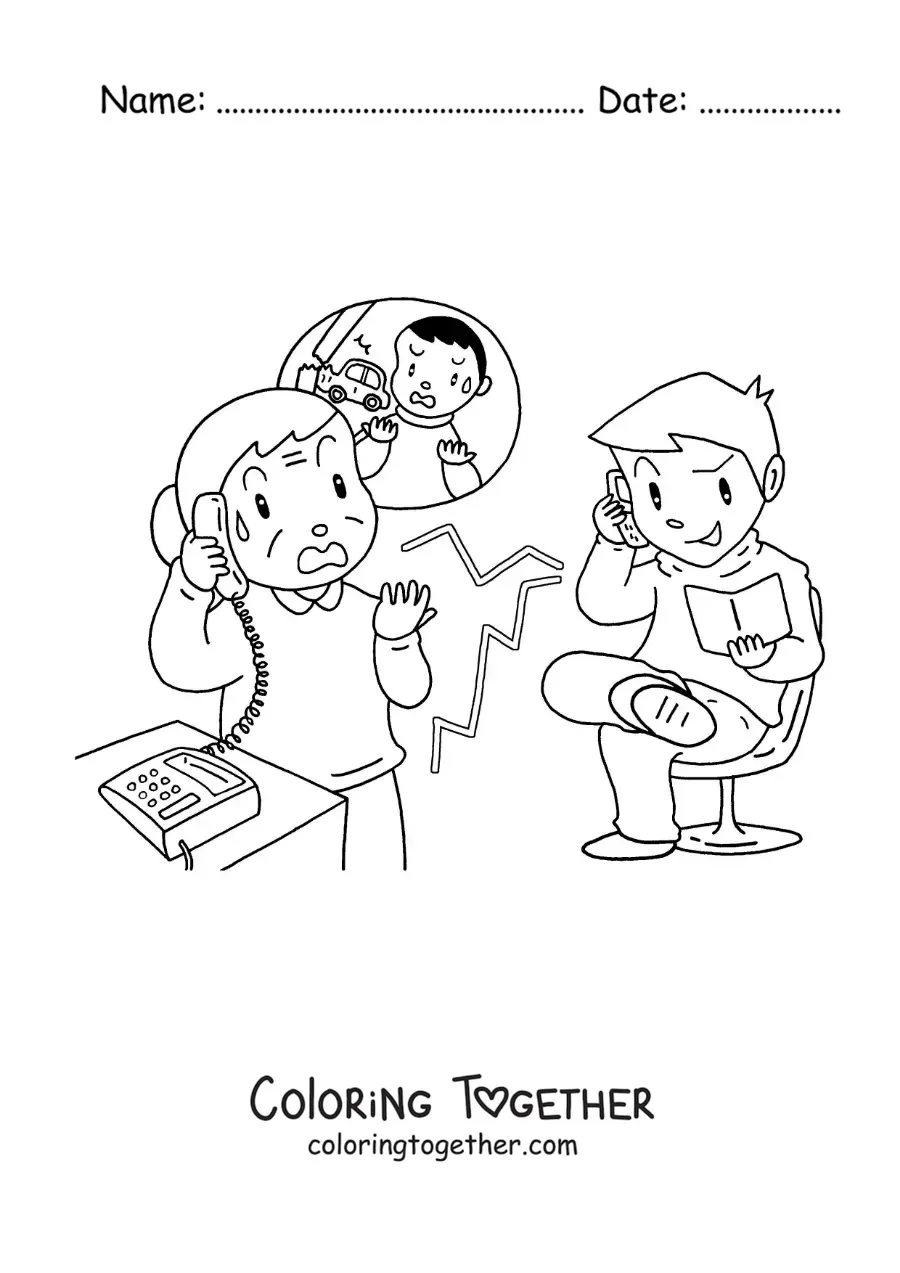 Coloring page of a worried grandmother in a phone call scam