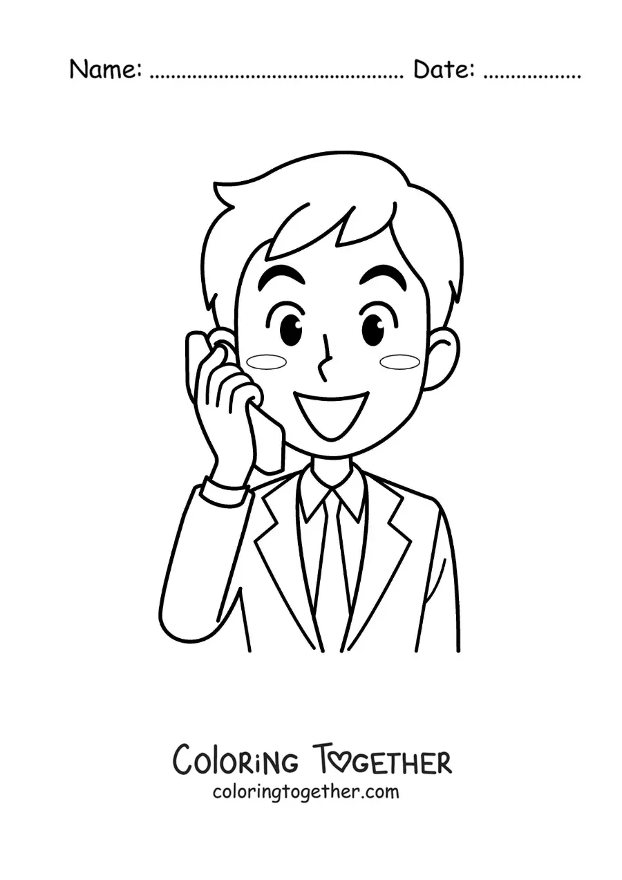 Coloring page of a man in a suit talking on the phone