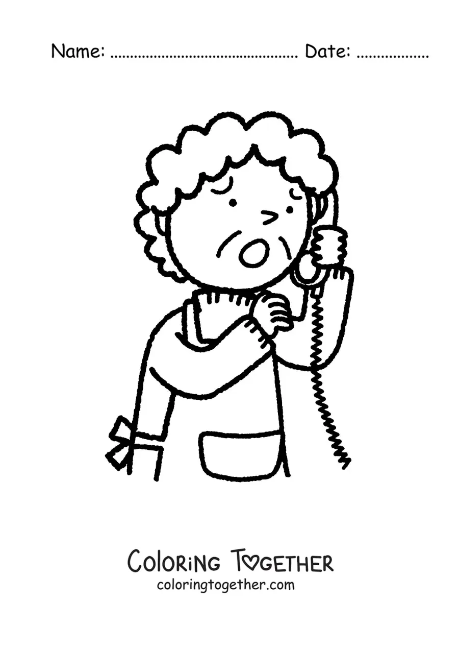 Coloring page of a worried grandmother talking on a landline phone