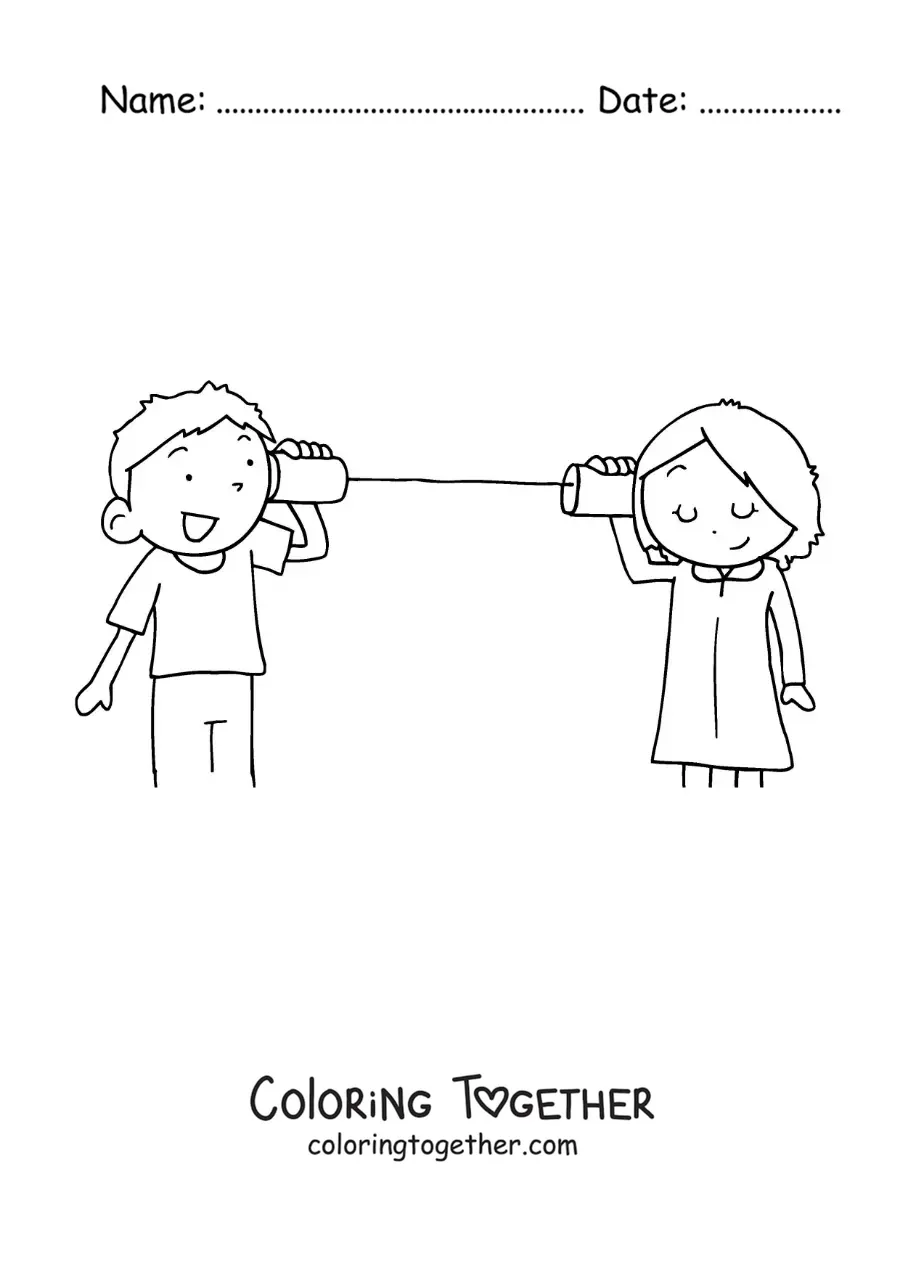 Coloring page of two children talking through a cup telephone