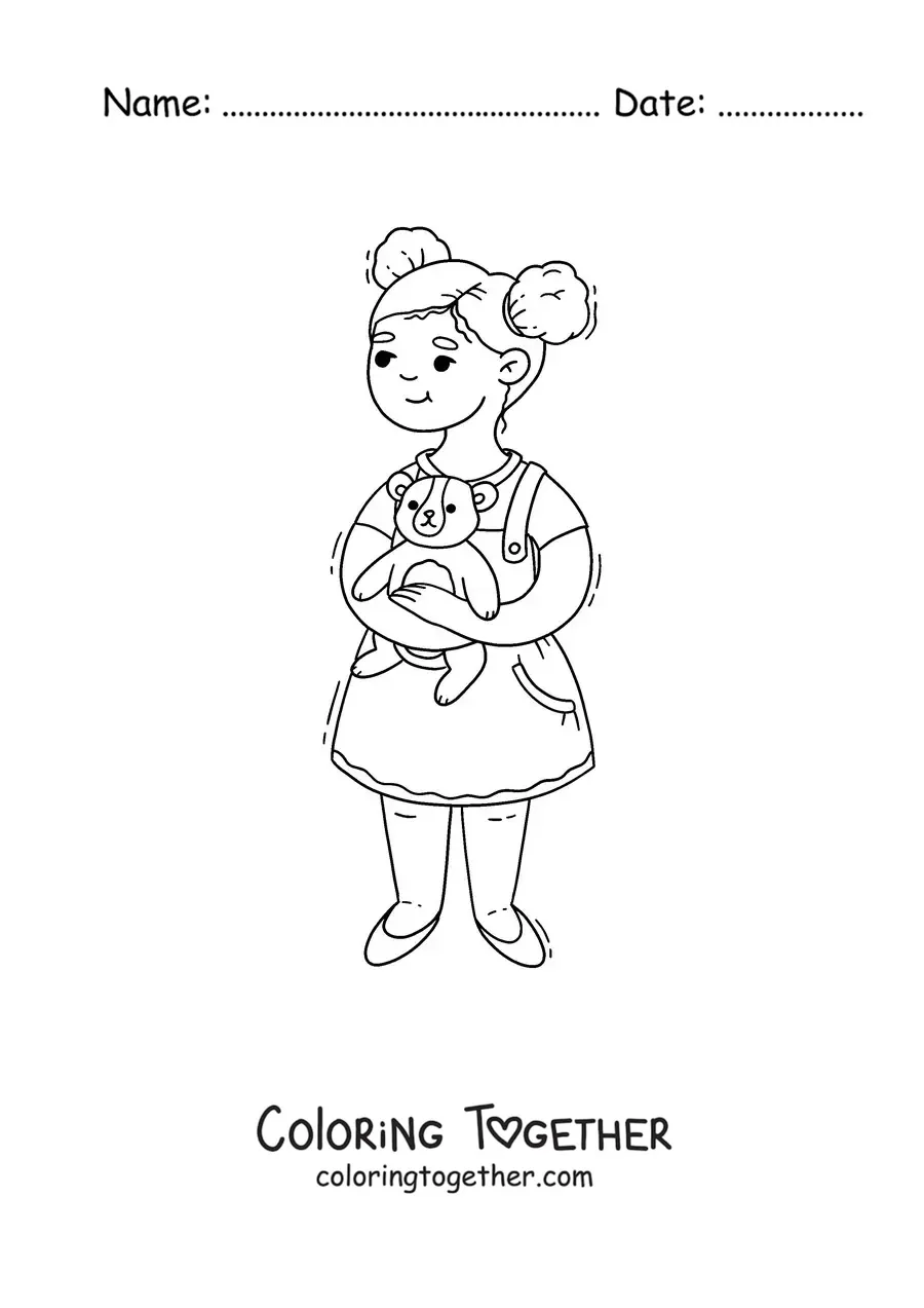 Coloring page of a girl holding a teddy bear