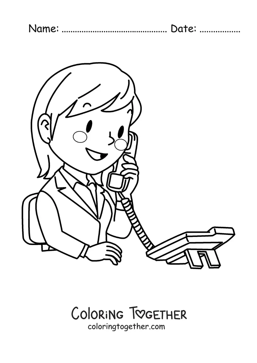 Coloring page of a woman talking on a landline phone at her job