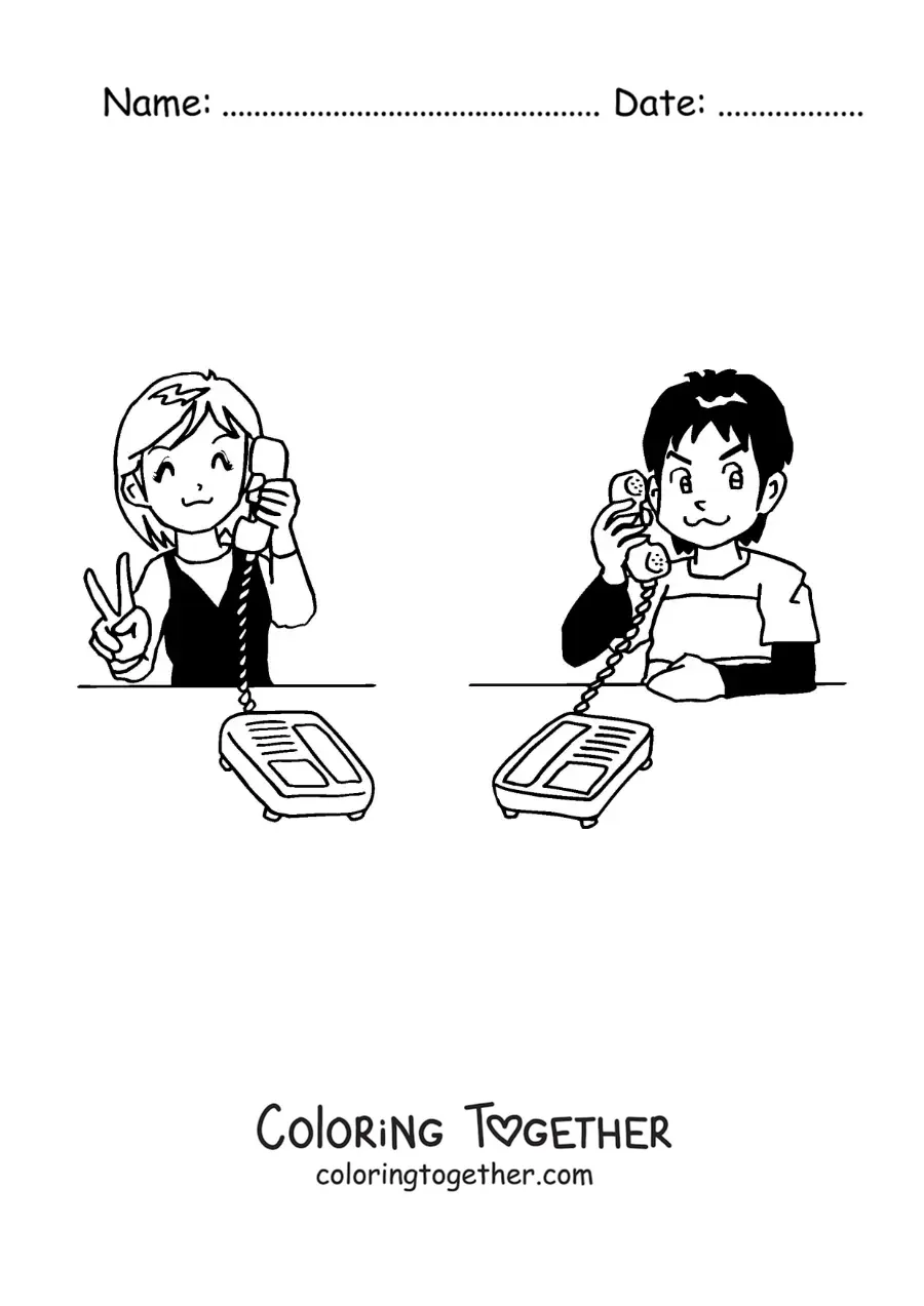 Coloring page of a girl and a boy talking on a phone call