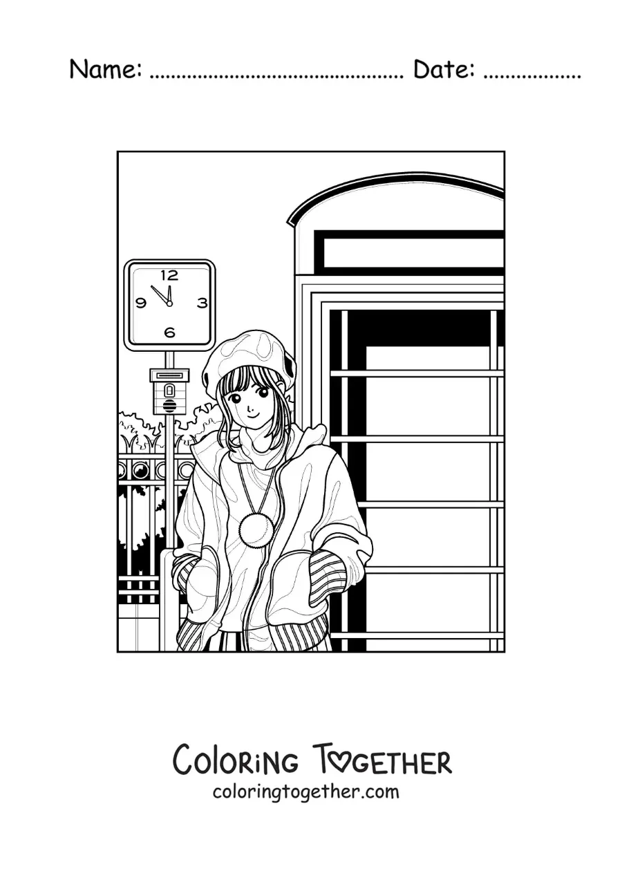 Coloring page of an aesthetic anime girl next to a phone booth