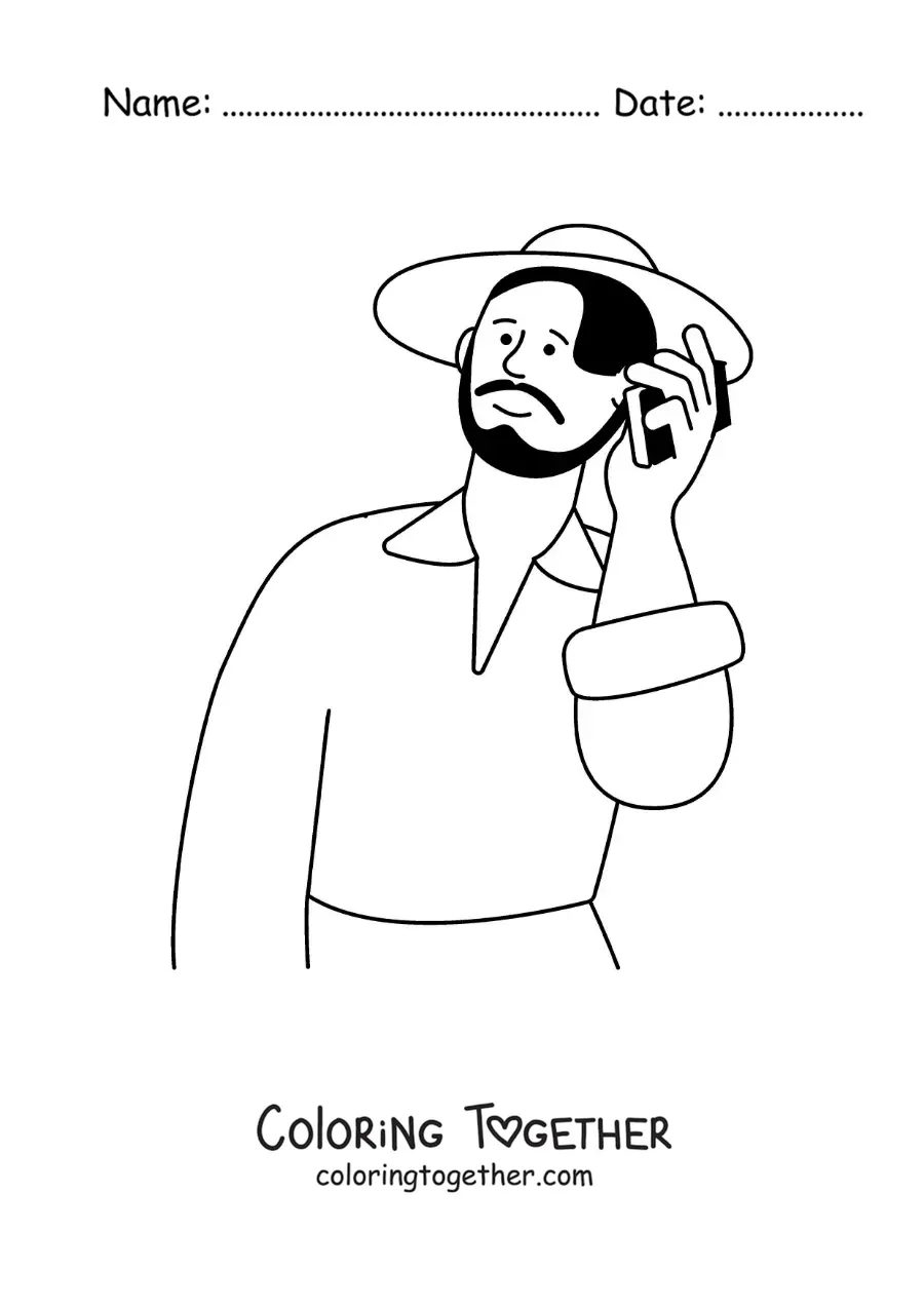 Coloring page of a man with a hat on a phone call
