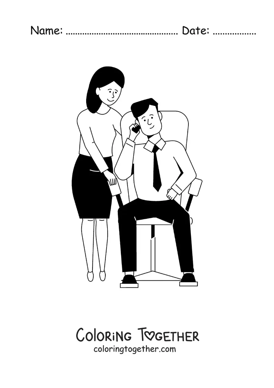 Coloring page of a man in a suit talking on the phone next to his wife