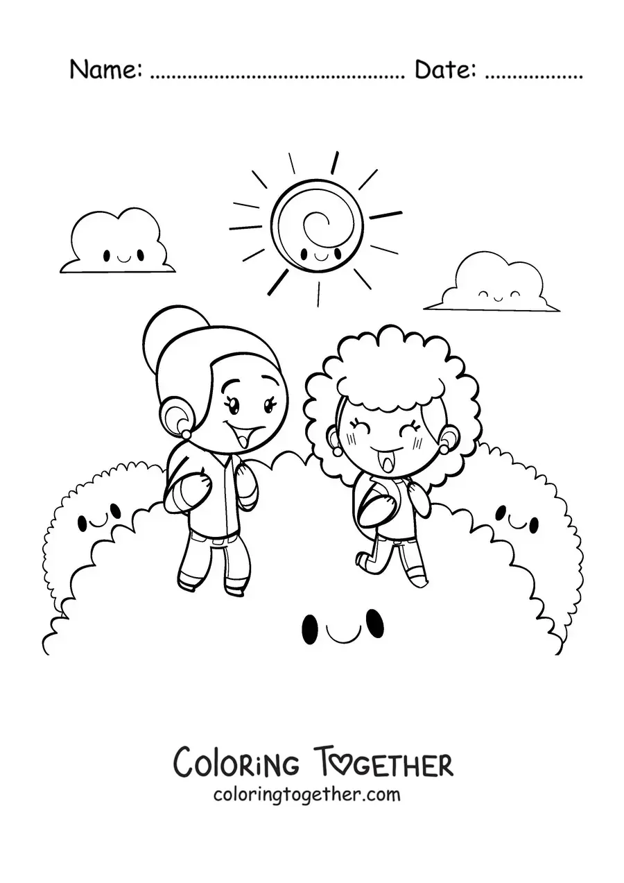 Coloring page of two happy girls out for a walk in the countryside