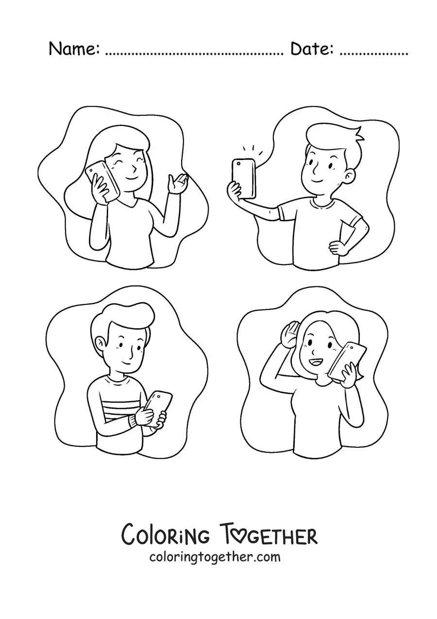 Coloring page of young people communicating by phone