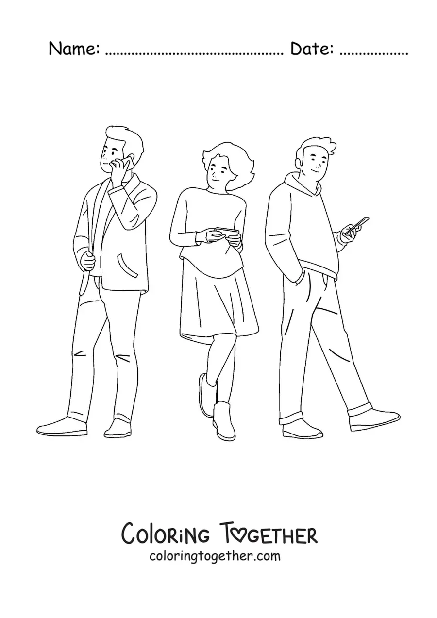 Coloring page of young kids using the phone to communicate