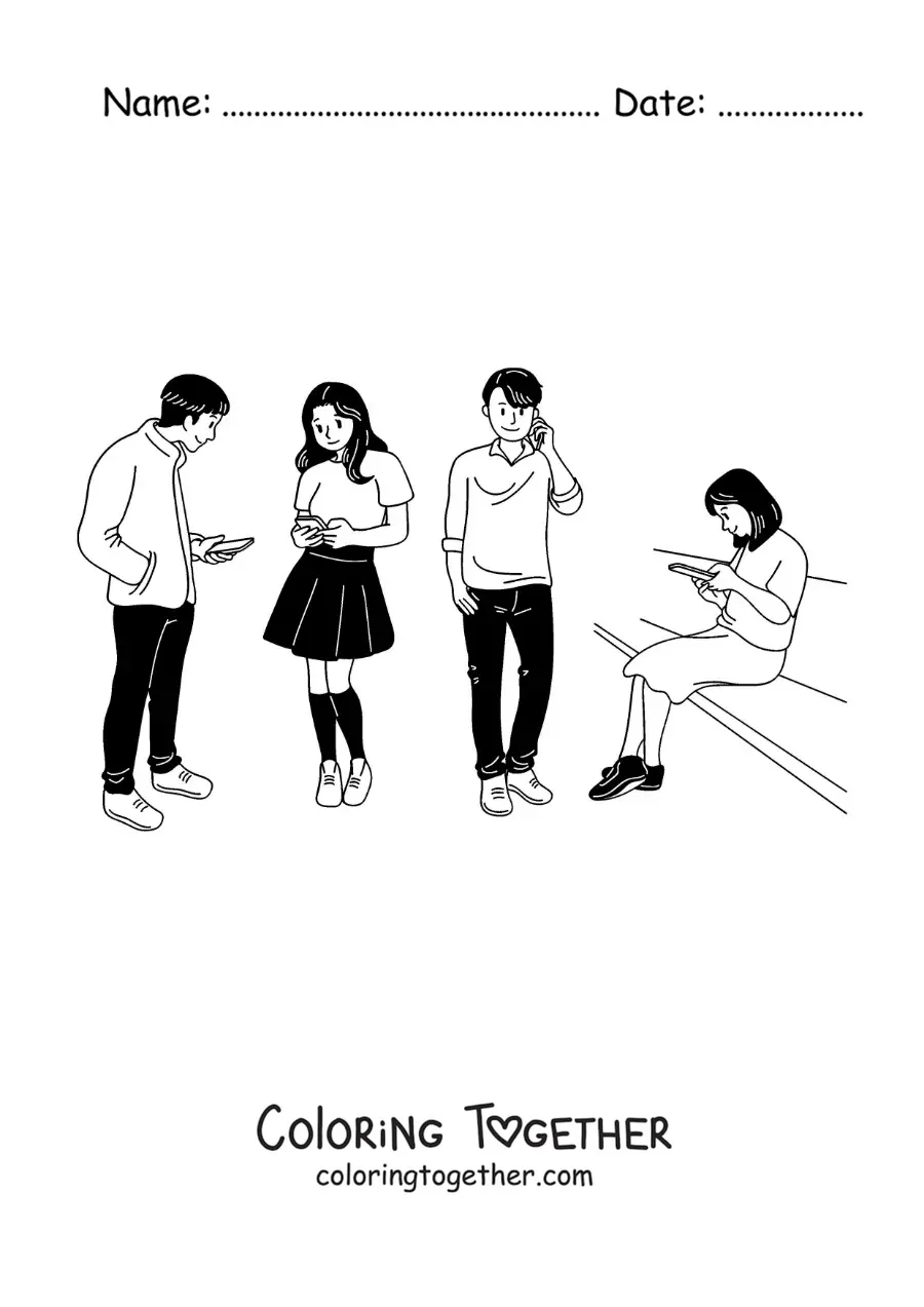 Coloring page of a group of teenagers talking and texting on the phone