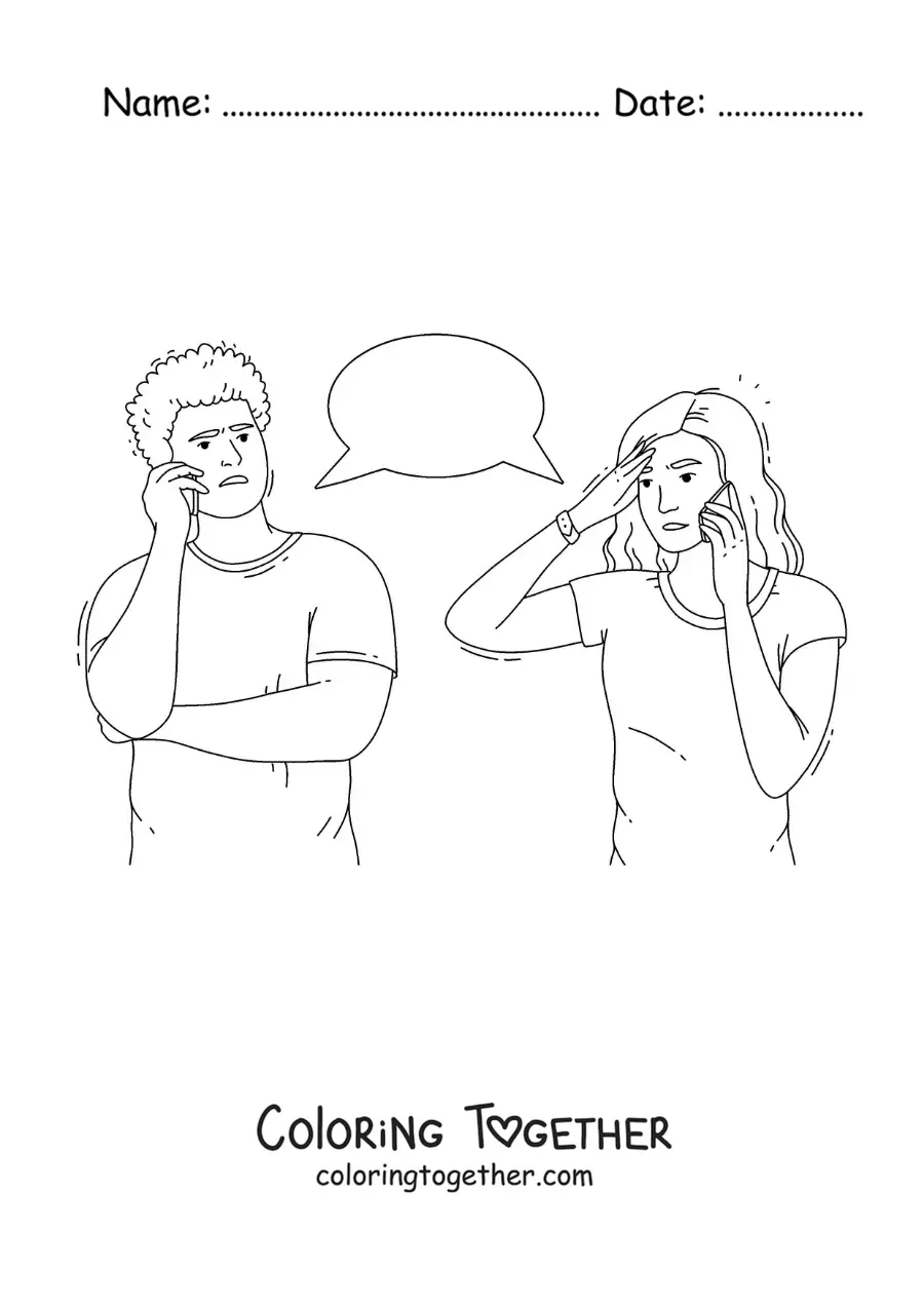 Coloring page of a couple arguing over the phone