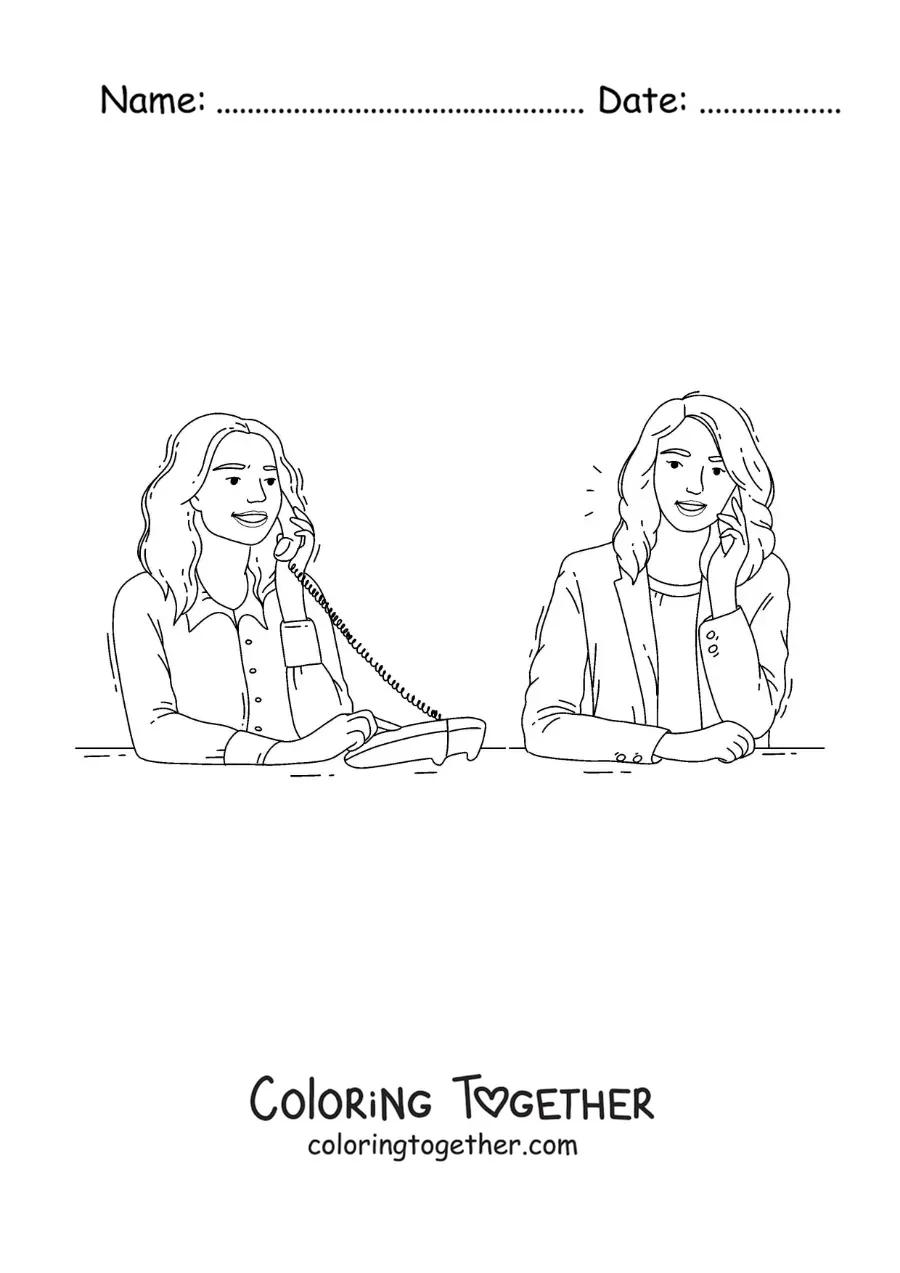 Coloring page of two friends talking on the phone
